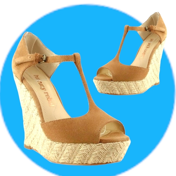Luxury Rebel 🍒Nude Suede T-Strap 🍒 Platform Espadrille Sandals 🍒 8M - Picture 2 of 14